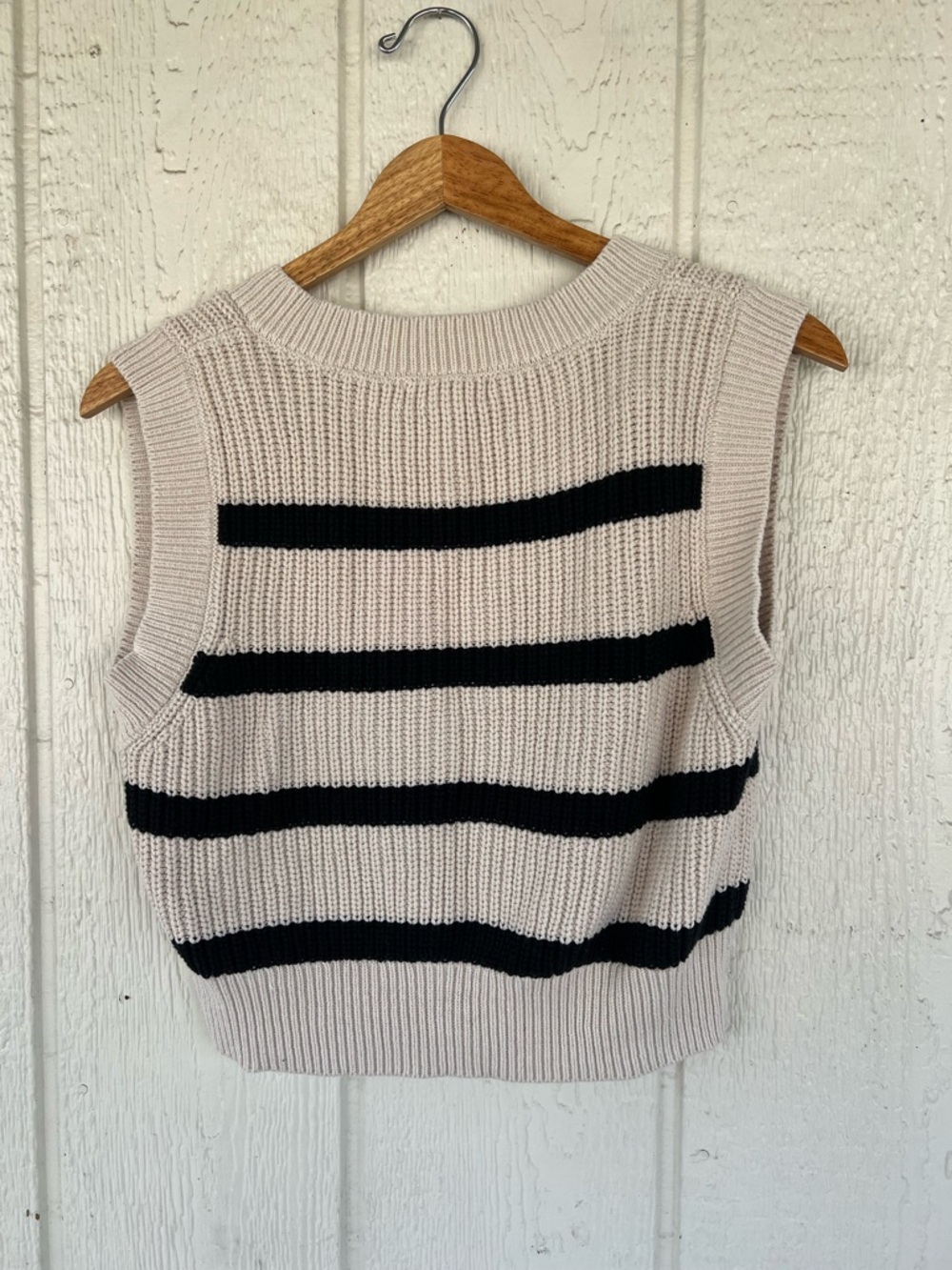 Sincerly Jules Cream and Black Striped V-Neck Knit Sweater Vest - Picture 2 of 4